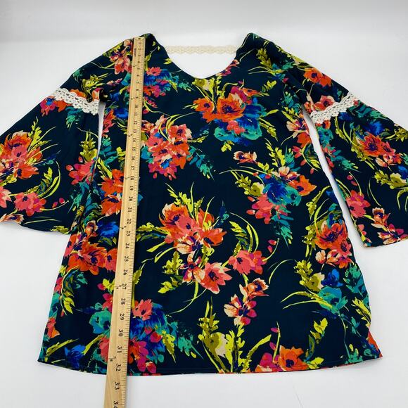 PINK OWL Women's Shift Dress Size S Floral Bell Sleeve Mini Boho Summer - Picture 6 of 8